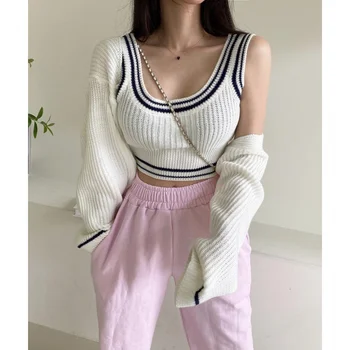 Корейский контрастный цветной свободный жилет с длинными рукавами, вязаный свитер, женский топ из двух частей