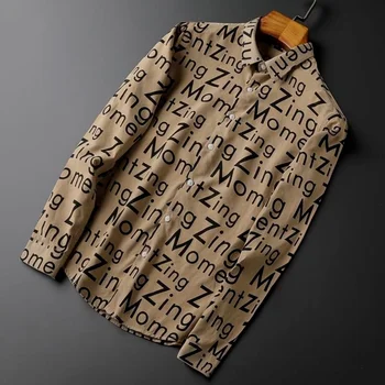 Мужская Рубашка с длинными рукавами и пуговицами с лацканами цвета Хаки, Корейская Модная приталенная рубашка без железа, Повседневная деловая рубашка с буквенным принтом