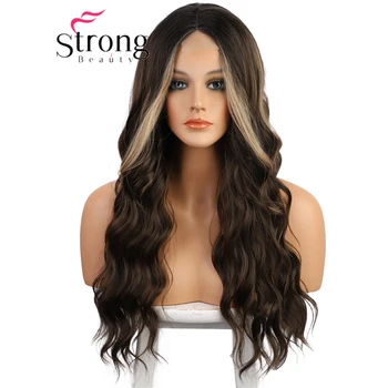 StrongBeauty Синтетические Длинные Волнистые Каштановые с мелированными светлыми волосами Парики Средней части для женщин