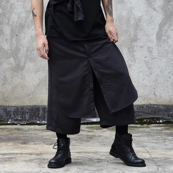 Мужские брюки с девятью разрезами, весна-лето, Ямамото, черная Япония, свободная юбка, брюки с накладными двумя заниженными промежностями, мужские широкие брюки, тренд