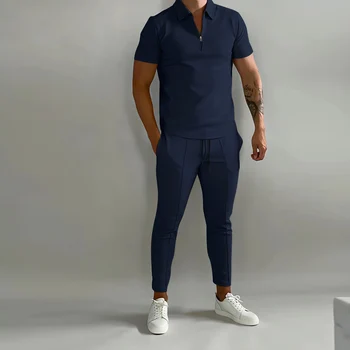 летний новый однотонный мужской костюм 2023, повседневная рубашка поло с короткими рукавами, брюки из телячьей кожи, уличная спортивная одежда, комплект из двух предметов