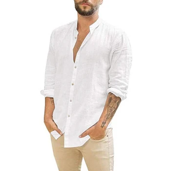 Хлопчатобумажные льняные мужские рубашки с длинными рукавами, Летние однотонные рубашки со стоячим воротником, повседневный пляжный стиль, большие размеры