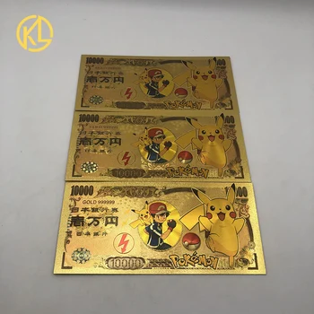 3шт Карты Покемонов Pikachu Pokeball Золотая Банкнота 10000 Иен Золотая Пластиковая Банкнота для Классической Коллекции Подарков на память о детстве
