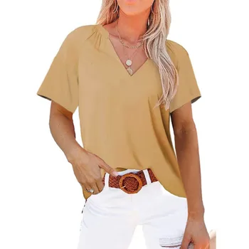 2023 Летняя новая женская рубашка, однотонные топы с коротким рукавом и V-образным вырезом, Свободная блузка, Модная повседневная женская одежда