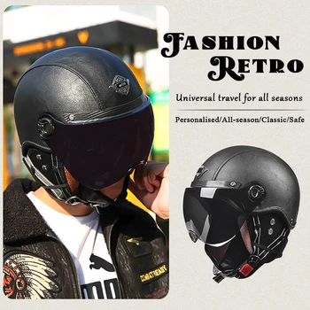 Рекламный Ретро Мотоциклетный шлем для Мужчин, Винтажные линзы HD, Кожаные мотошлемы, Сезонная защитная крышка, Бесплатная доставка