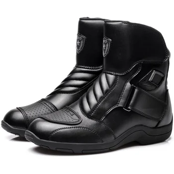 Черные Мотоциклетные ботинки Из Искусственной Кожи, Пригодная Для Носки Обувь для мотогонок, Защитное Снаряжение для Лодыжек до середины икры, Защита Ног, Мотоботы