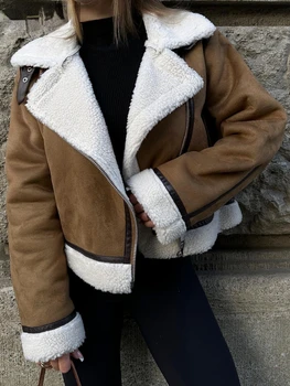 Куртки для женщин 2023, Новинка осенне-зимней моды, Топы со встроенным искусственным мехом, Простые Милые Прохладные Короткие Мягкие Теплые пальто