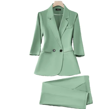 Летний женский комплект из 2 предметов, женский двубортный пиджак с коротким рукавом и брюками, Офисная женская деловая рабочая одежда, Блейзер и брючный костюм