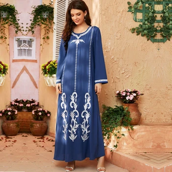 Женское мусульманское платье с вышивкой, Кафтан с длинным рукавом, Марокканская исламская одежда, Большие Качели, Длинный Халат, Рамадан, Дубай, Турция, Хиджаб, Абая