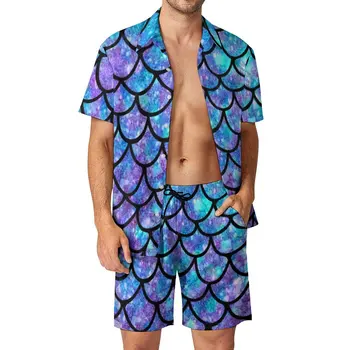 Мужские комплекты с чешуей Русалки, фиолетово-синий всплеск, абстрактные повседневные шорты, винтажный пляжный комплект рубашек с короткими рукавами, графический костюм оверсайз