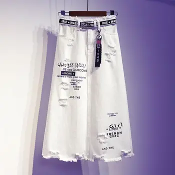 Женская юбка, Белые джинсовые Длинные юбки с буквенным принтом, корейский стиль, модные женские юбки размера Оверсайз, большие размеры, Повседневная юбка трапециевидной формы