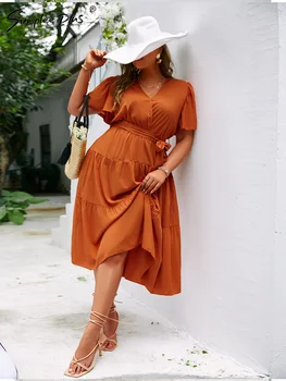 Simplee / Элегантное женское платье трапециевидной формы с расклешенными рукавами и оборками размера плюс, модное платье макси с V-образным вырезом и поясом 4XL, однотонное платье с высокой талией