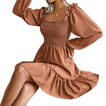 Новинка 2022 Года, Весенне-осенняя Женская Модная юбка с длинными рукавами и квадратным вырезом, однотонное платье с оборками, Женское Богемное платье