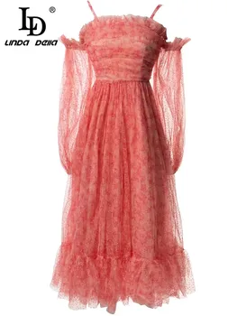 LD LINDA DELLA, Новинка 2023 года, Летнее платье на бретельках, Женское Модное Красное Сетчатое платье Миди с принтом для отпуска и вечеринки