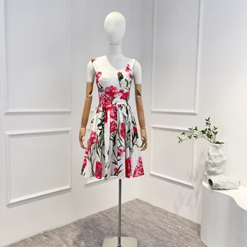 2023 Новая коллекция, Высококачественное Женское мини-платье без рукавов с цветочным принтом, Летнее пляжное платье в пляжном стиле