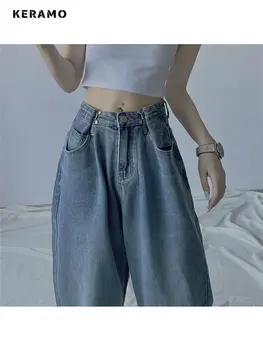 Винтажный Уличный стиль с высокой талией, Синие прямые джинсовые брюки для женщин, Корейский Повседневный стиль, широкие мешковатые джинсовые брюки Y2K