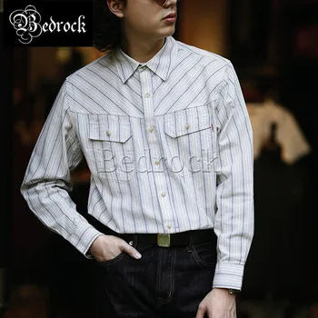 MBBCAR ретро специальная текстура, рубашка в бело-синюю полоску с длинными рукавами в белую и синюю полоску для мужчин, богатая пряжа Amekaji, рубашка из чистого хлопка 9206