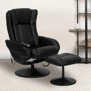 Массажное многопозиционное мягкое кресло с боковым карманом и пуфиком из черной мягкой кожи