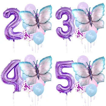 Воздушный шар с синим номером Бабочка Детский Душ Фиолетовые украшения для Вечеринки по случаю Дня Рождения Алюминиевая пленка Крылья Феи Бабочка