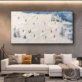 Лыжный Спорт Картина на холсте Текстура картины на заказ Настенное искусство Персонализированный подарок Лыжник на снежной горе Искусство катания на лыжах по белому снегу
