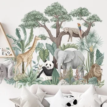Экологическая наклейка на стену с животными в Тропическом лесу, прогуливающиеся животные, Наслаждающиеся прохладой Фоновые украшения стен Гостиной и Спальни