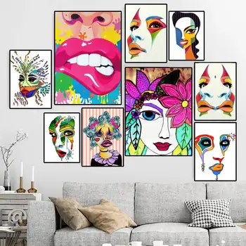 Модный абстрактный многоцветный ПЛАКАТ с изображением Лица, холст, HD Печать, Персонализированная Настенная живопись на Заказ