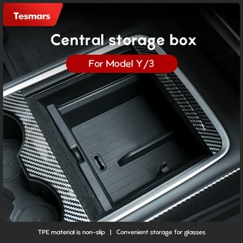 Сегментированный ящик для хранения Tesmars с центральным управлением для солнцезащитных очков Tesla Model Y Model 3, Кабельный органайзер аксессуаров для подлокотников Tesla