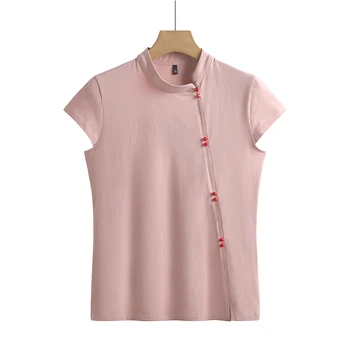 Летняя новинка 2023, Женская футболка с коротким рукавом, Модный приталенный хлопковый однотонный топ Ципао на пуговицах в винтажном стиле