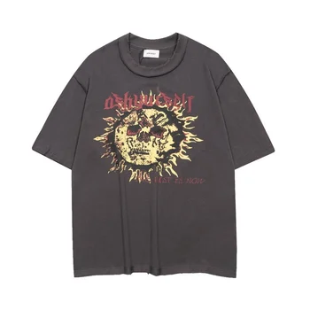 Ask 2023ss Модная новинка весны и лета, высококачественная хлопковая футболка с круглым вырезом в стиле Ретро с изображением горящих скелетов на санскрите