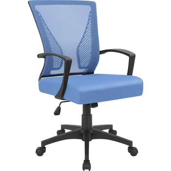 Сетчатый офисный стул со средней спинкой, Эргономичный Компьютерный стул с регулируемой высотой, с поясничной поддержкой и подлокотником, синий