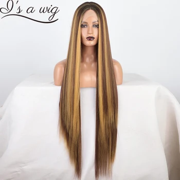 I's a wig Синтетические Парики Длиной 40 Дюймов С Прямыми Кружевными Передними Париками Средней Части, Выделяющие Парики для Женщин из Термостойкого Волокна