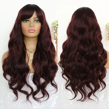 Длинный парик с челкой, винно-красные волнистые парики для женщин, синтетические парики из термостойкого волокна бордового цвета для девочек, повседневное использование на вечеринках