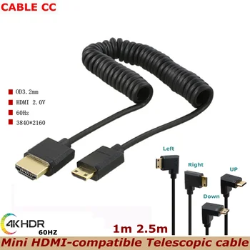 Новый 4K * 2K @ 60HZ OD 3,2 мм Mini HDMI-совместимый с HDMI Спиральный кабель HDMI от 2,0 до 90 градусов Mini HDMI с пружинным натяжением HD Кабель 1 М 2,5 М