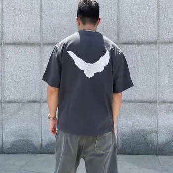 Kanye Высококачественная футболка из 100% хлопка White Pigeon Wash, Винтажная Свободная футболка с круглым вырезом
