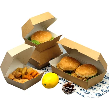 одноразовая изготовленная на заказ коробка для бургеров с картошкой фри разного размера, изготовленная на заказ, коричневая упаковка для пищевых продуктов