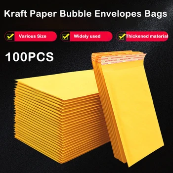 100 шт./лот, крафт-бумага, конверты с пузырьками, почтовые пакеты, мягкий конверт для доставки С пузырьками, почтовый пакет разных размеров, желтый