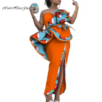 Элегантные африканские платья для женщин, хлопковое платье с принтом в африканском стиле, длинное платье с разрезом и оборками с вырезом лодочкой, вечернее платье WY6311