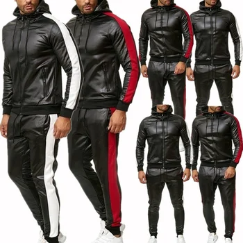 Новый Мужской комплект толстовок из искусственной кожи, повседневный спортивный костюм, куртка с капюшоном и брюки, спортивный костюм для бега, спортивные костюмы