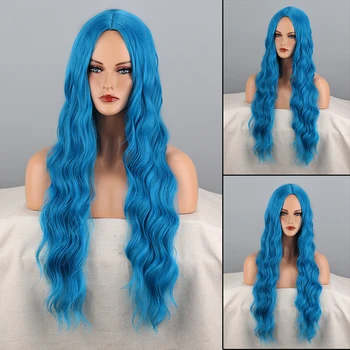 Синий Длинный волнистый парик Bobs, Синтетические парики Для женщин, повседневная одежда, Косплей из высокотемпературного волокна