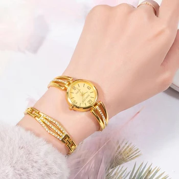 Женские кварцевые часы Женские модные простые наручные часы из бриллиантовой стали Золотые наручные часы Браслеты 2шт Часы для женщин с коробкой