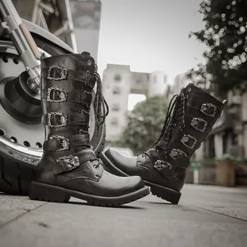 Джинсовые ботинки, винтажные мотоциклетные ботинки, ботинки в стиле вестерн, мужские рыцарские ботинки в стиле панк, уличные армейские ботинки-дезерты из искусственной кожи со шнуровкой и пряжкой до середины икры