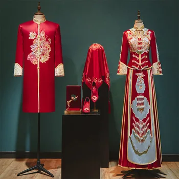 Chinese Traditional Red Wedding Dress Embroidery Beading Banquet High-Quaity Classic Cheongsam China Qipao костюм для восточных