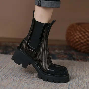 Роскошные женские ботинки 2022 года, кожаные женские туфли-лодочки с сетчатой пряжкой, Весна-лето, Женская обувь на высоком квадратном каблуке с круглым носком