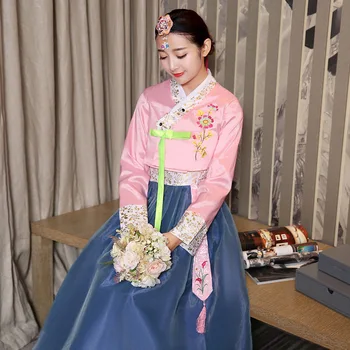Корейский Традиционный костюм, женский костюм Ханбок, Дворцовое платье с вышивкой на декольте, платье для торжественного случая