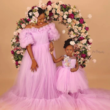 Розовые тюлевые платья для фотосессии матери и детей с короткими рукавами, Цветы ручной работы, оборки, Длинные платья для мамы и меня, Большие размеры