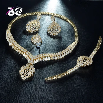 Be 8, Роскошные ювелирные изделия Золотого цвета в Дубае, Эксклюзивное ожерелье с кубическим Цирконием, Серьги, браслет, Набор свадебных украшений для женщин S231