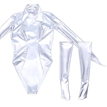 Женское сексуальное серебряное трико с длинными рукавами, корсет для коррекции фигуры, Стильная искусственная кожа