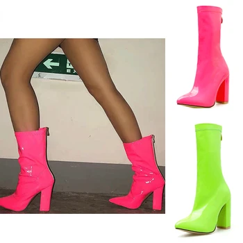 2022 г. Пикантные Модные флуоресцентные зеленые Красные ботильоны на молнии На высоком каблуке, Женские осенние ботинки 
