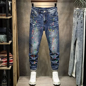 Уличные Модные Мужские Джинсы в стиле ретро, синие стрейчевые Тонкие Рваные джинсы, Мужские Винтажные брюки с росписью, Дизайнерские джинсовые брюки в стиле хип-хоп, Hombre