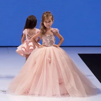 Розовое кружевное платье с цветочным узором для девочек, детское платье для Первого Святого Причастия, Вечернее тюлевое бальное платье Принцессы, платья для свадебной вечеринки